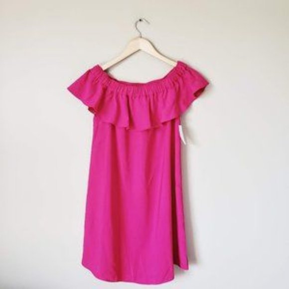 bright pink off the shoulder dress